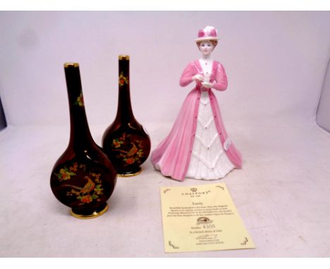 A Coalport figure, Emily, limited edition 4300 of 5000, together with a pair of Carltonware Rouge Royale vases (3)  
