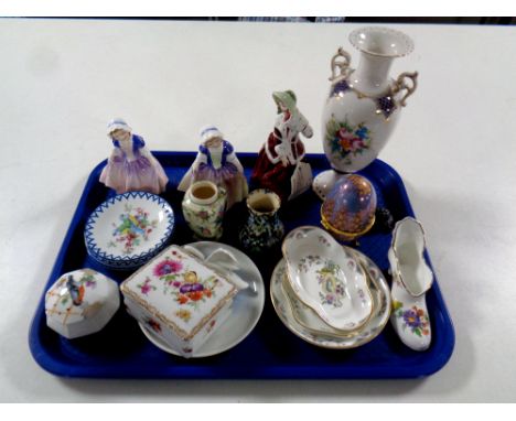 A tray containing two Doulton figures, Dinky Doo, china dishes etc  