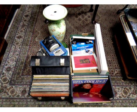 A silver line electric grinder, stone polishing kit,  together with two boxes containing vinyl records, a ceramic plant stand