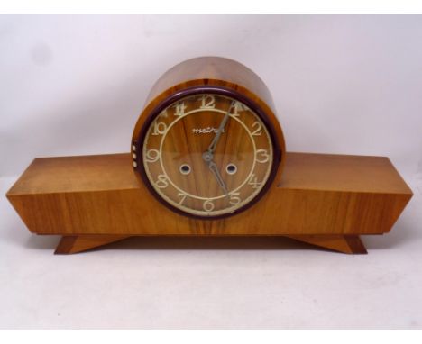 Mid- 20th Century Art Deco-Style 'Metron' Chiming Mantel Clock by Toruńska Fabryka Wodomierzy of Poland, with birch veneer, b