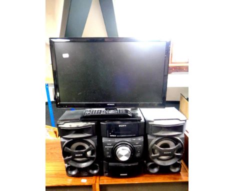 A Sony mini hifi component system together with a Hitachi 22'' LCD TV DVD with universal remote 