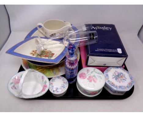 A tray of Aynsley china, Wedgwood Sweet Pea pattern china, pair of Dartington Crystal champagne flutes etc  