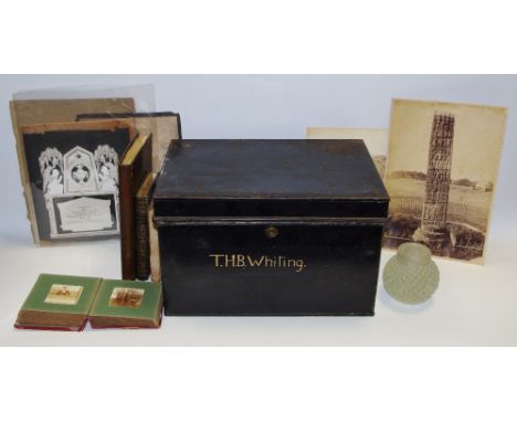 Boxes and objects - an early 20th century metal box painted T H Whiting; momento mori card; Victorian photograph; pin hole ca