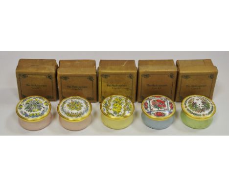 A collection of Halcyon Days type enamel boxes, The Shakespeare Garden, boxed (5)