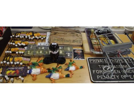 Various signs - Potting Shed; Toilet; reproduction enamel signs; wine labels; reproduction easel; reproduction flying ducks