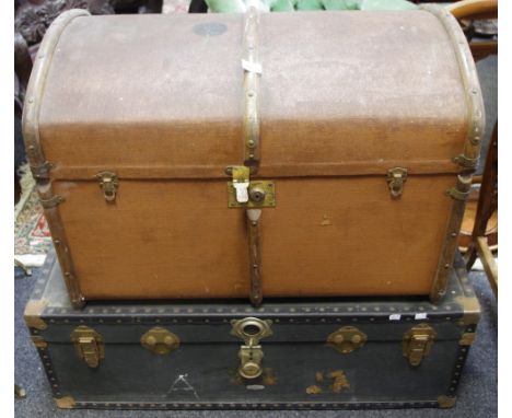 Vintage Luggage - an earl 20th century domed steamer trunk, wooden bound; a studded leatherette case; small leather suitcase 