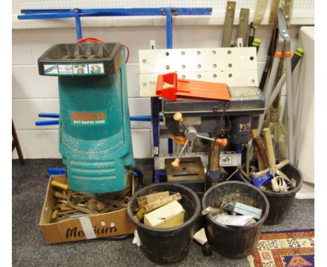 Tools - a Clarke pillar drill; clamps; drills; router bits; folding work bench; sash clamps; rasps; garden tools; Bosch AXT R