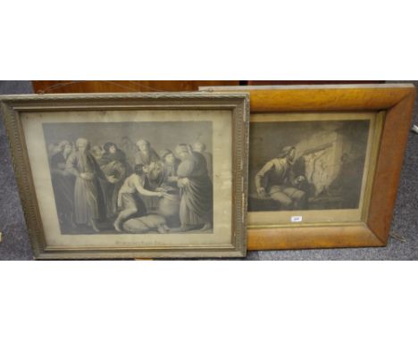 A 19th century lithograph 'The Prisoner of Gisors' after F.Bacon, birds eye maple frame; The Cup was Found In Benjamin's Sack