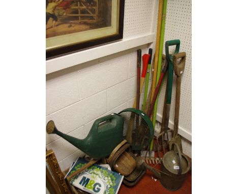 Gardening tools including spade, fork, truggs, sieve, galvanized watering can, etc