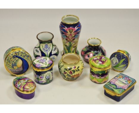 Moorcroft- various Moorcroft enamel trinket pot and covers with miniature vases (10)  