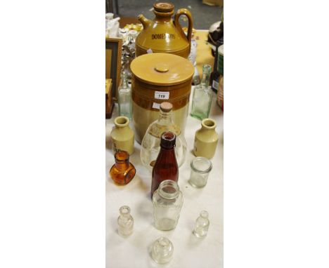 A salt glazed  Domestos flask; biscuit barrel; others; assorted bottles