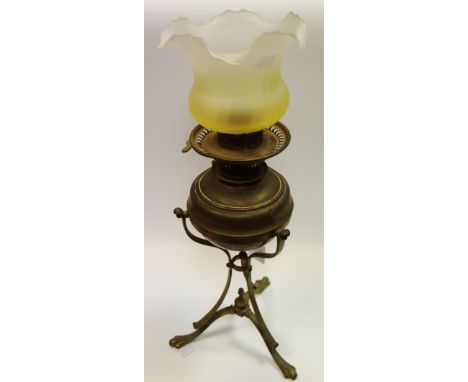 An Art Nouveau brass table oil lamp, in the manner of W A S Benson, c.1905