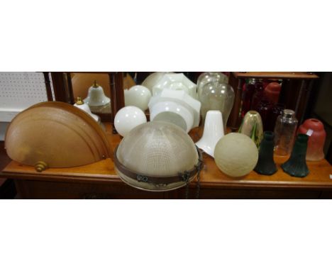 LIghting - Art Deco cut glass ceiling shade, metal bound; Studio glass shades; 19th century apothecary cloche; etc