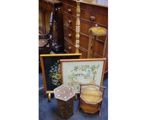 A small Moorish occasional table; a mahogany two tier cake stand; a mahogany plant stand; a beech standard lamp; two embroide