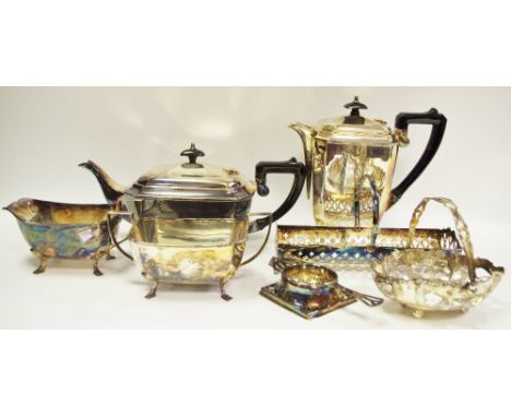 A silver pierced basket, Birmingham, 1906; a plated four piece tea service; etc