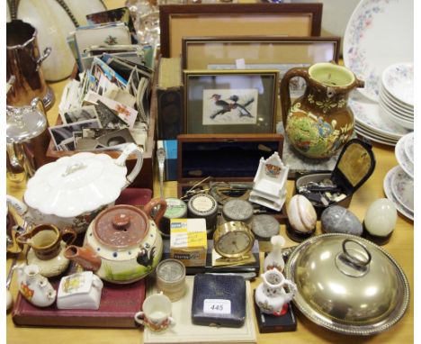 Boxes &amp; Objects - a 19th century puzzle jug; crestedware teapot; canal photograph reels; onyx specimen eggs; drawing inst