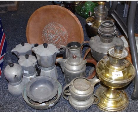 An Aladdin model 12 oil lamp; a super Aladdin oil lamp and a Famos oil lamp; a Howard pewter coffee pot, creamer and sucrier;