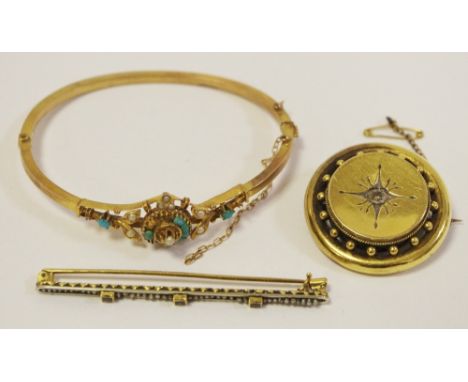 A yellow metal bullet brooch with a centrally set old cut diamond approx. 0.25cts; a yellow metal hinged bangle set with turq