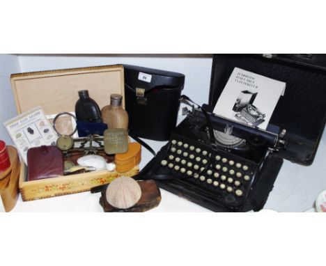 Boxes &amp; objects - a cased Harrods Portable Typewriter with instructions; a set of brass postal scales mounted on a shaped