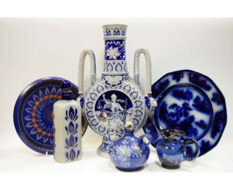 A German stoneware twin handled moon flask; other blue and white Continental wares 