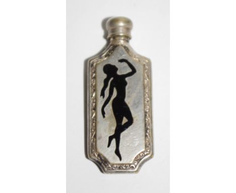 An early 20th century scent bottle, decorated in noir enamel with a female nude in silhouette, c.1925