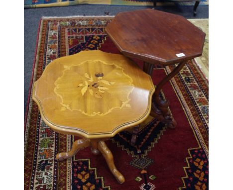 A reproduction mahogany occasional table with shaped support and carved legs; a reproduction parquetry occasional table, inla