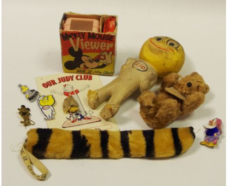 Collectables- an early Mickey Mouse badge; other enamel badges inc. Esso and Judy; a Mickey Mouse Viewer; miniature bear; etc