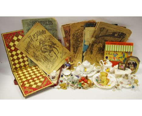 A child's miniature wooden tea set; a Hummel figure, boxed; Theko Hanky Shop; stories and games; etc