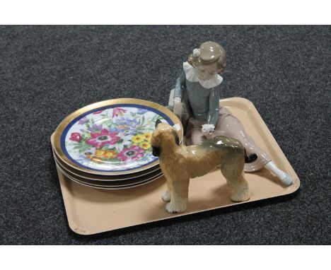 A tray of pottery figure of Afghan hound, Nao figure, four Newcastle upon Tyne gilded floral plates 