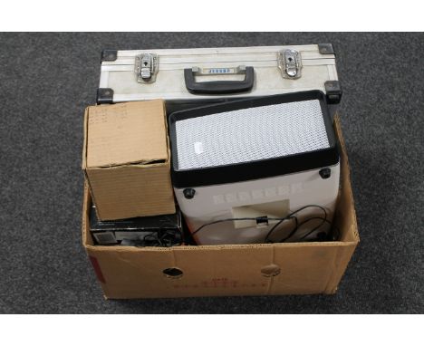 A box of Jessop camera case, portable record player, etc 