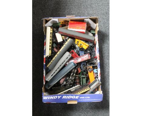 A box of Hornby and Lima model railway carriages, parts, engines, rolling stock 