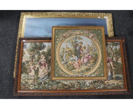 A gilt framed oil : ships at low tide and three tapestry pictures 
