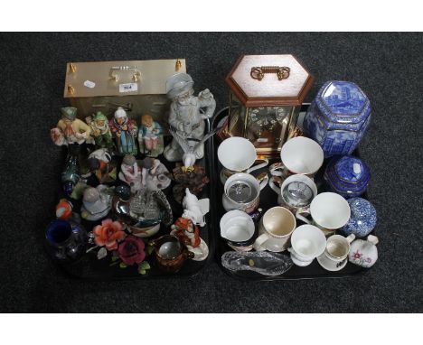 A KingSonic retro mantel clock, ornaments, china, figures, Kundo quartz clock, Ringtons caddy, etc (on two trays)