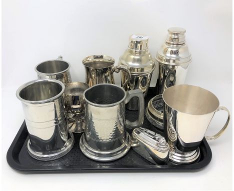 A tray of silver plated wares including cocktail shakers, table lighter, tankards etc