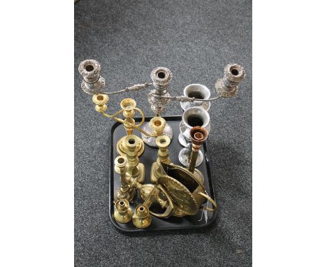 A tray of antique plated candelabrum, Art Deco chrome vases, assorted brass pieces, door knocker etc 