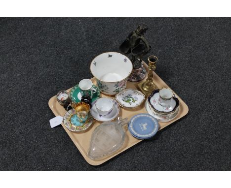 A tray of brass candlestick, china cups, antique glass flask, etc 