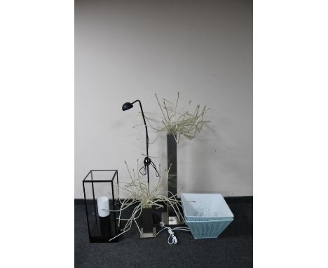 An adjustable floor reading lamp, two fibre optic style lamps and an electric lamp in case 