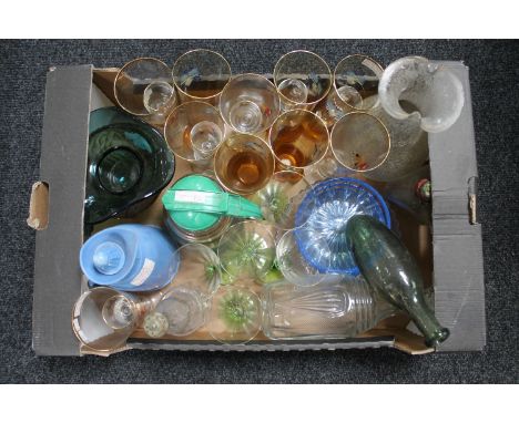 A box of 20th century glass ware, Bakelite flask, ship in antique whiskey bottle and a torpedo bottle etc 
