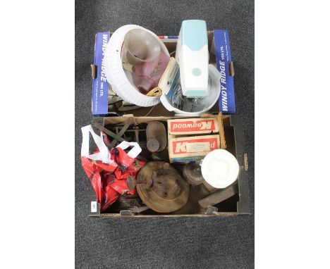 Two boxes of Kenwood chef mixer with manual, kitchen scales, light fittings etc 