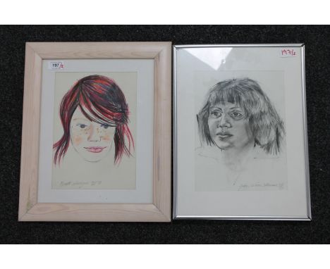Donald James White : Beath Schoolgirl, colour chalks, signed with initials, dated '84, together with a further portrait study