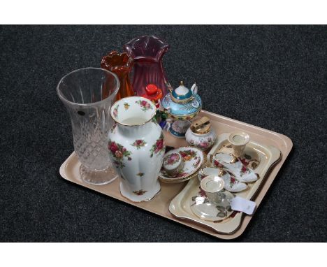 A tray of three piece Maling trinket set, Royal Albert china, studio glass vases, Murano glass clown 