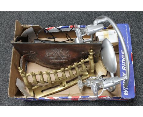 A box of antique copper embossed fire hood, fire front, light fitting, battery charger etc 