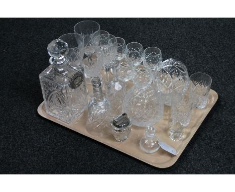 A tray of drinking glasses, lead crystal whisky decanter, Swarovski table light (a/f), etc 