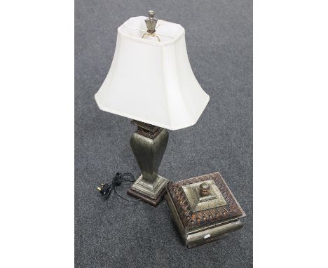 A decorative lidded jar and matching table lamp with shade 