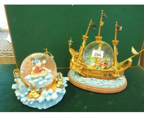 Impressive Peter Pan Snow globe modelled as a ship with figures, Musical playing You Can Fly and a Mickey Mouse Magic Kingdom