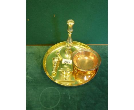 Brass circular tray, brass Victorian Ink Well and Lid, brass Victorian candlestick with snuffer, and 2 x copper 19c food moul