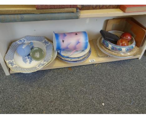 Half shelf of china items including Poole pottery and Spode plates, 
