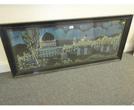 Interesting ebony framed silk picture with painted highlights, ? Jerusalem Old City and Mosque of Omar, image 4' x 19" after 