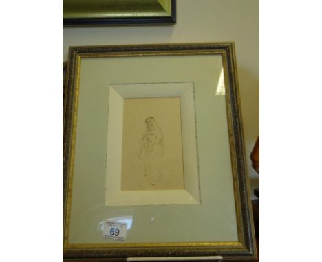 Interesting framed pencil sketch of a cloaked Lady, f/g 