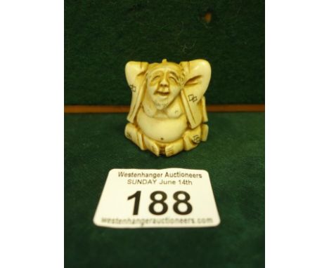 Ivory Netsuke of a Buddha with Happy Face and Fat belly 1.5" tall